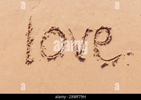 L'iscrizione che ti amo sulla riva del mare con le palme Foto Stock