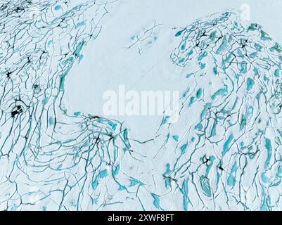 Vista aerea del lago ghiacciato Prestesteinsvatnet, la neve che scioglie crea piccole piscine blu sulla superficie ghiacciata, la montagna che attraversa Sognefjellsvegen, Sognef Foto Stock