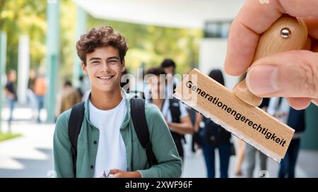 Generationengerechtigkeit Ein Holzstempel ist beschriftet mit dem Aufdruck: Generationengerechtigkeit über dem Portrait von einem jungen Mann - FOTOMO Foto Stock