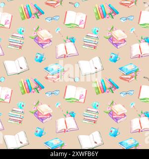 Libri impilati e aperti, fiori tulipani, tazze di tè, caffè, bicchieri e lente di ingrandimento. Illustrazione acquerello motivo senza cuciture su sfondo beige Foto Stock