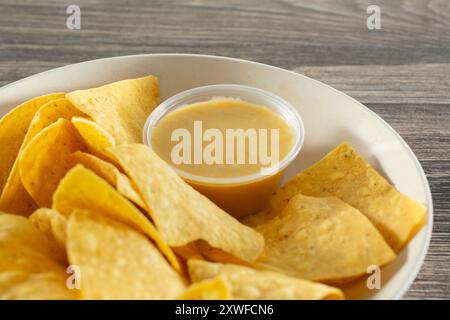 Vista di una ciotola di tortilla chips e nacho di formaggio vegano. Foto Stock