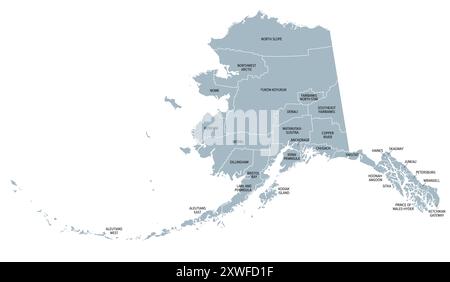 Alaska, stato degli Stati Uniti, mappa politica grigia, suddivisa in 19 distretti organizzati e 11 aree di censimento. Situato all'estremità nord-occidentale del Nord America. Foto Stock