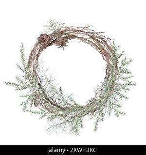 Acquerello corona di Natale con coni di pino verde e rami pini e abeti. Illustrazione dipinta a mano ramo dell'albero senza foglie. Marrone asciutto Foto Stock