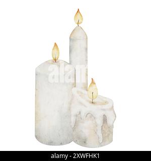 Illustrazione ad acquerello di candele bianche. Disegnare con lume di candela su sfondo isolato per Halloween, Capodanno e Natale. Elemento per festeggiare le vacanze. Arredamento accogliente. Foto Stock