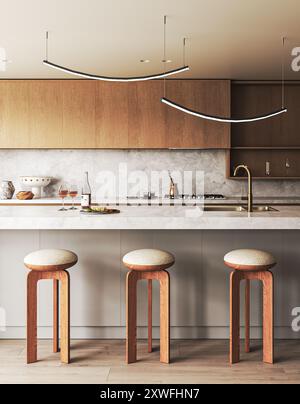 Moderno ambiente da cucina con eleganti finiture in legno e illuminazione di design, rendering 3d. Foto Stock