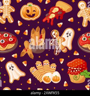 Un motivo vibrante con dolcetti a tema Halloween e fantasmi giocosi, perfetto per le feste Illustrazione Vettoriale