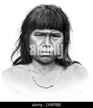 Popoli americani. Ritratto della donna Guaycuru. I Guaycuru sono gruppi etnici indigeni del Gran Chaco, Sud America. Pubblicazione della "Meyers encyclopedia", Vol. 7, Lipsia, Germania, 1910. Foto Stock