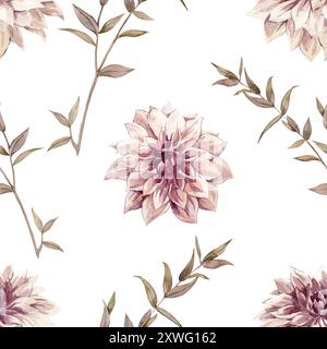 Motivo autunnale senza cuciture con acquerello Dahlia. Fiori e ramoscelli di eucalipto, sfondo disegnato a mano. Elementi per la progettazione di matrimoni, tessuti, carta da imballaggio Foto Stock