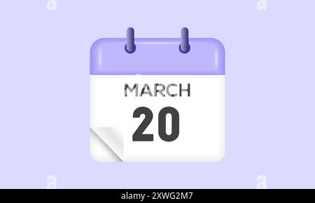 20 marzo - calendario e calendario. Promemoria icona Calendario giornaliero. Illustrazione vettoriale. Illustrazione Vettoriale