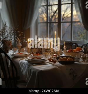 Un tavolo da pranzo splendidamente organizzato, illuminato da scintillanti candele, crea un'atmosfera calda per le riunioni Foto Stock