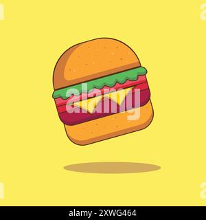 Illustrazione del delizioso hamburger icona del cartone animato hamburger concetto isolato di adesivo hamburger Food. Illustrazione Vettoriale