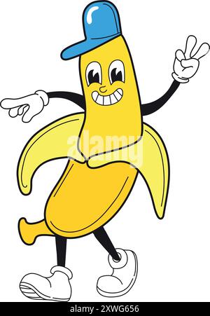 Mascotte retro banana. Divertente personaggio comico di frutta isolato su sfondo bianco Illustrazione Vettoriale