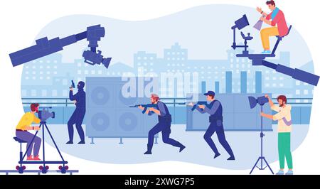 Scena di produzione cinematografica. Attori e troupe sul palcoscenico delle riprese cinematografiche isolati su sfondo bianco Illustrazione Vettoriale