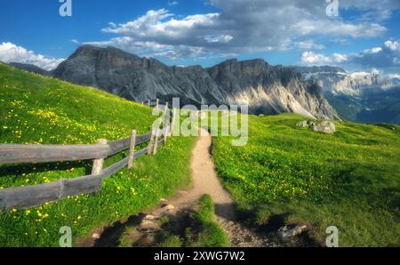 Sentiero nella valle di montagna con uno splendido tramonto in estate Foto Stock