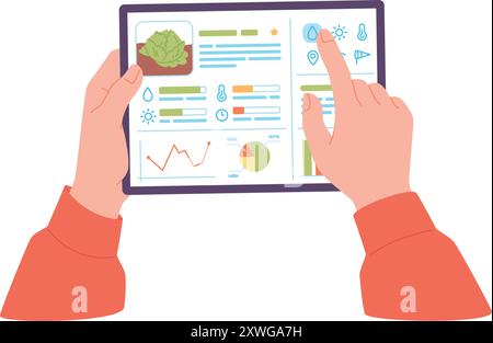 App Garden su schermo tablet. Automazione agricola isolata su sfondo bianco Illustrazione Vettoriale