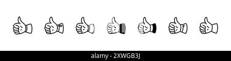 Metti le mani su un set di icone per scarabocchi di linea. Buona espressione. Illustrazione vettoriale di schizzo a mano. Commento sui social media, post mi piace, simbolo del tasso. Positivo per il cliente Illustrazione Vettoriale
