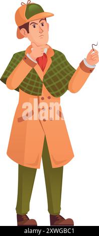 Detective che pensa alle prove del crimine. Indagine indizio isolata su sfondo bianco Illustrazione Vettoriale