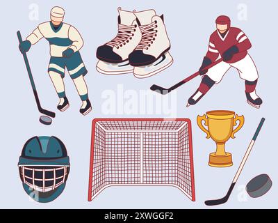 Elementi da hockey su ghiaccio. Giocatori in uniforme e attrezzature sportive, goal, coppa, pattini, bastone, puck, atleti professionisti in caschi, icone dei giochi invernali Illustrazione Vettoriale