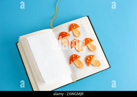 alcuni funghi essiccati sopra un libro, arte concettuale, artigianato fatto di bucce di mandarino, superficie blu, vista dall'alto, messa a fuoco morbida Foto Stock