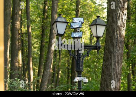 tecnologia di protezione monitoraggio moderno lampada cctv cielo blu lampione attrezzature di sicurezza sorveglianza Foto Stock