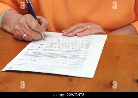 La donna compila un modulo, il testamento vivente, la Germania Foto Stock