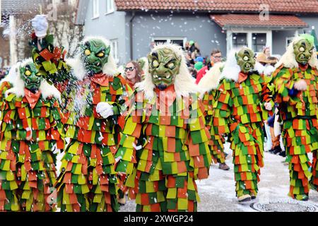 Sciocchi in abito elegante alla sfilata del carnevale svevo-alemenico, Germania, Baden-Wuerttemberg, Svevia Foto Stock