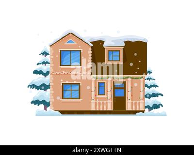Facciata esterna della casa d'inverno Cartoon Christmas. Edificio innevato. Cottage vettoriale isolato con tetto innevato, luci festive scintillanti, ghirlanda, che trasuda fascino natalizio, campagna accogliente e calore Illustrazione Vettoriale