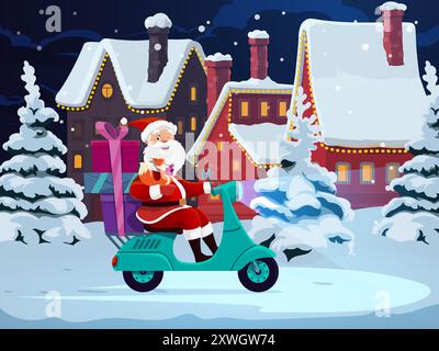 Babbo Natale su scooter con scatole regalo per le vacanze invernali, vettore di cartoni animati. Babbo Natale divertente con regali e scooter da cavalcare nella foresta di città del villaggio innevato per lo sfondo del biglietto di auguri di Capodanno Illustrazione Vettoriale
