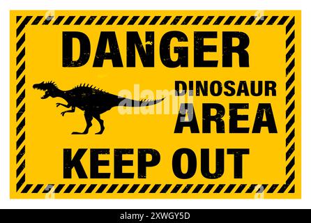 Segnale di pericolo per i dinosauri. Striscione di avvertimento vettoriale in giallo e nero, con silhouette di un tyrannosaurus rex con testo pericolo area dinosauro tenere fuori e cornice con strisce diagonali Illustrazione Vettoriale