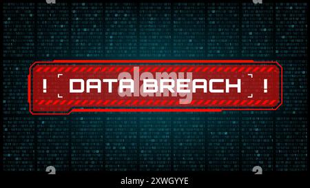Le violazioni dei dati, le minacce agli attacchi informatici e gli hacker che avvertono i pericoli segnalano il banner rosso, le tecnologie digitali vettoriali e la sicurezza delle reti informatiche. Sfondo della schermata di avviso di violazione dei dati con numeri di codice binari Illustrazione Vettoriale