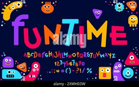 Carattere divertente e carino, carattere comico, tipo di gioco per bambini, alfabeto inglese infantile creativo con personaggi mostri a colori dei cartoni animati. Caratteri stravaganti per lettere e numeri, simpatici personaggi e simboli abc Illustrazione Vettoriale