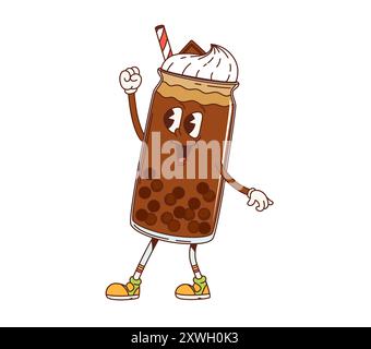 Vivace personaggio retrò della bevanda a base di tè con faccia divertente, vettore fumettistico dei cartoni animati. Allegra bevanda retrò funky Bubble tea o dessert con Happy Face per i bambini bevanda dolce emoji o carattere emoticon Illustrazione Vettoriale