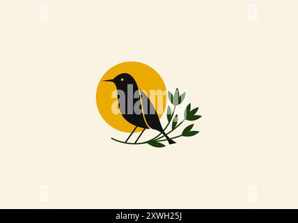 Silhouette con logo Bird and Sunshine con foglie di ramoscello, logo dal design minimalista e moderno, colore modificabile Illustrazione Vettoriale