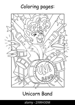 Unicorno con la musica rock che suona la batteria, colorando il vettore dei bambini Illustrazione Vettoriale