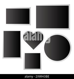 Collezione Black Shape. Forme geometriche con riempimento sfumato. Cuore, cerchio, rettangoli a fuoco. Serie di vettori semplice. Illustrazione Vettoriale