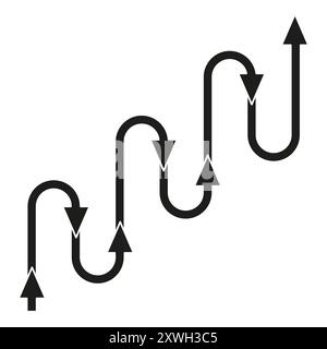 Avanzamento freccia curva. Simbolo di crescita vettoriale. Grafico del percorso zigzag. Un passo avanti. Illustrazione Vettoriale