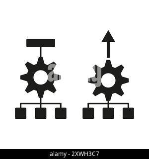 Icone della gerarchia degli ingranaggi. Simboli del flusso di processo. Design con contorno nero. Elementi vettoriali. Illustrazione Vettoriale