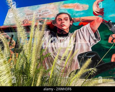 Murale con la imagen de Nathanael Cano creador de los corridos tumbados en una pared del parque la Ruina que se realizó con apoyo de la app de Música Global llamada spotify . Hermosillo Sonora a 26 settembre 2023 ( foto por Norte Photo/Luis Gutiérrez) Foto Stock