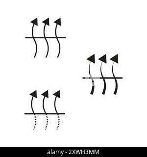 Icone in tessuto traspirante. Simboli freccia del flusso d'aria. Informazioni sulle frecce di ventilazione. Grafica semplice vettoriale. Illustrazione Vettoriale
