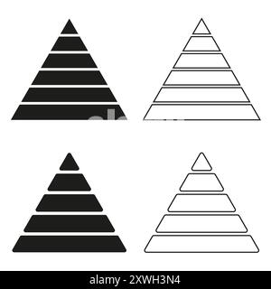 Insieme di vettori grafici piramidali. Forme gerarchiche a più livelli. Piramidi bianche e nere. Elementi infografici. Illustrazione Vettoriale