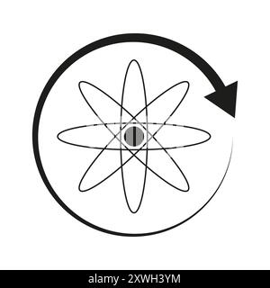 Simbolo di rotazione atomica. Elemento freccia circolare. Icona del concetto scientifico. Illustrazione vettoriale. Illustrazione Vettoriale