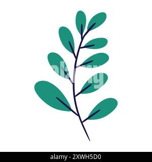 Ramo semplice e stilizzato con più foglie di tè e stelo blu scuro. Perfetto per design minimalisti, branding e grafica per social media. Illustrazione Vettoriale