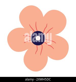 Un fiore semplice e stilizzato con quattro delicati petali, un centro scuro e un cerchio bianco a contrasto. Per l'illustrazione a tema floreale e decorativo Illustrazione Vettoriale