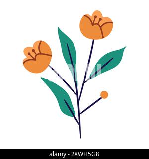 Ramo floreale semplice e stilizzato con due fiori d'arancio e foglie verdi. Perfetto per design minimalisti, branding e grafica dei social media isolata Illustrazione Vettoriale