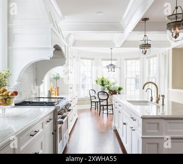 La vista della bellissima cucina bianca mostra il piano cottura e il tavolo da colazione Foto Stock