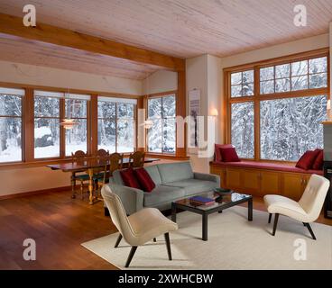 Soggiorno/sala da pranzo in stile contemporaneo in legno del nord al crepuscolo Foto Stock