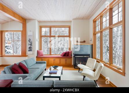 Soggiorno con splendidi lavori in legno e vista sugli alberi innevati Foto Stock