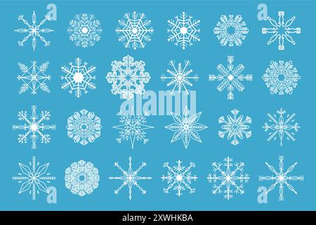 Decora il natale su sfondo blu con cristalli di fiocco di neve bianco e crea un elemento congelato per ornamenti invernali. Illustrazione vettoriale Illustrazione Vettoriale