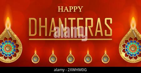 Happy Dhanteras festival card con elementi orientali e lampada Diya per il festival religioso indiano delle luci Illustrazione Vettoriale