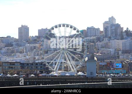 19.08.2024, AMERIKA, Stati Uniti, Unterwegs in Amerika, Symbolbild, Themenbild, Verschiedene Themenbilder, Reise, Reiseimpressionen, Reisefeatures, Vereinigte Staaten von Amerika, Reisefeature, im Bild SkyStar Wheel, Sky Star Wheel, Riesenrad, Pier, Fisherman's Wharf, Fishermans Wharf, San Francisco, Stati Uniti d'AMERICA, Amerika, *** 19 08 2024, AMERICA, USA, on the Road in America, immagine simbolo, immagine tema, varie immagini a tema, viaggio, impressioni di viaggio, caratteristiche di viaggio, Stati Uniti d'America, caratteristiche di viaggio, in foto SkyStar Wheel, Sky Star Wheel, ruota panoramica, molo, Fisherman's Wharf, Fisherman Whar Foto Stock